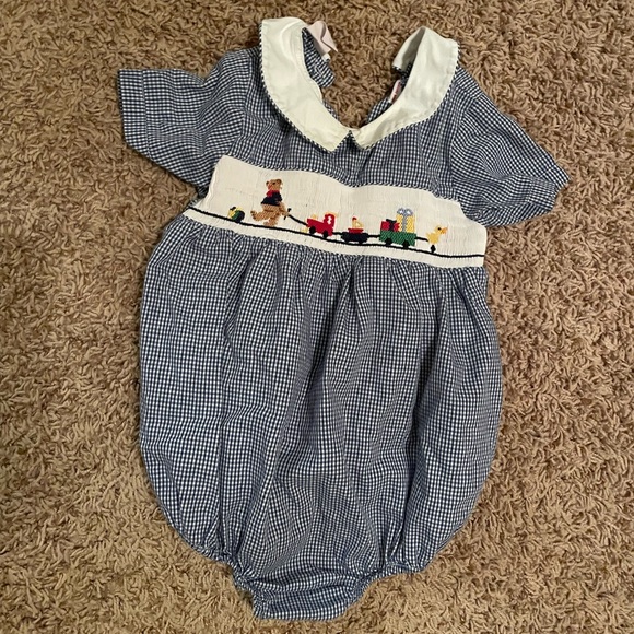 Silly Goose Other - Silly Goose Hand Smocked Charming Blue Checkered Kids Bodysuit with Train Design